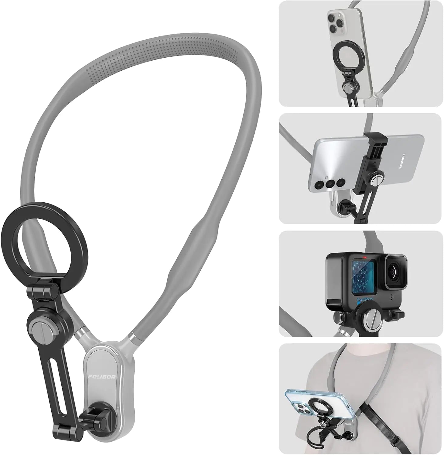 Magnetic Neck Phone Holder, 4 in 1 Neck Mount for Phones Action Camera Gopro, Hand Free Cell Phone Neck Holder for Recording POV/Vlog Video Selfie, Neck Tripod for iPhone, GoPro, Android Phones Blue
