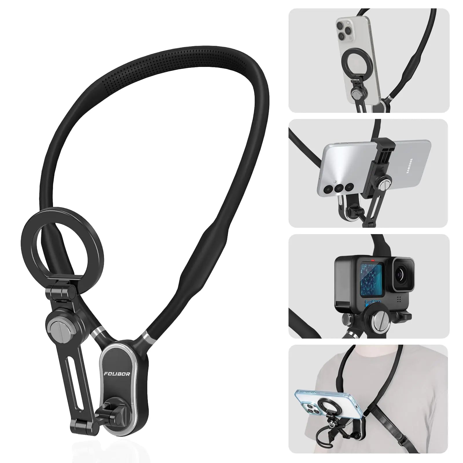 Magnetic Neck Phone Holder, 4 in 1 Neck Mount for Phones Action Camera Gopro, Hand Free Cell Phone Neck Holder for Recording POV/Vlog Video Selfie, Neck Tripod for iPhone, GoPro, Android Phones Blue