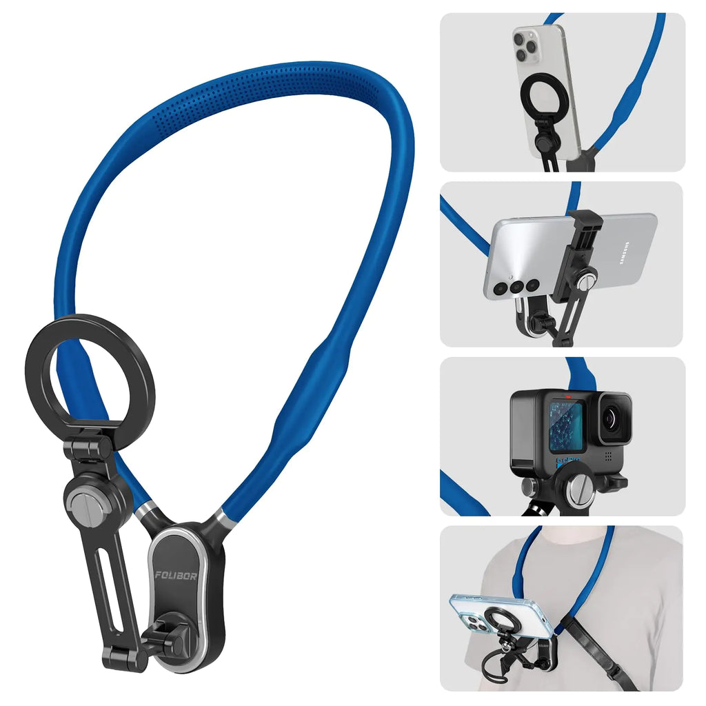 Magnetic Neck Phone Holder, 4 in 1 Neck Mount for Phones Action Camera Gopro, Hand Free Cell Phone Neck Holder for Recording POV/Vlog Video Selfie, Neck Tripod for iPhone, GoPro, Android Phones Blue