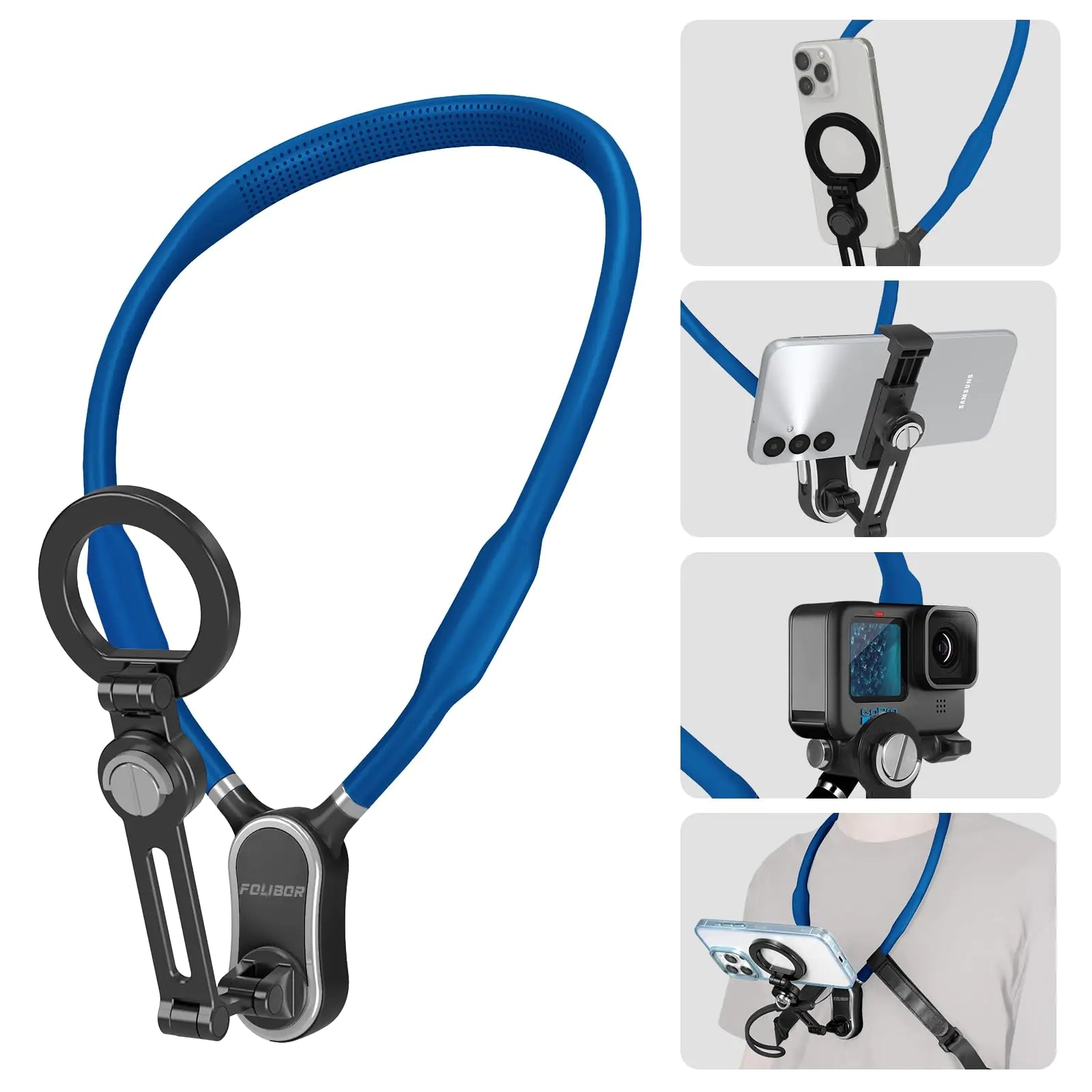Magnetic Neck Phone Holder, 4 in 1 Neck Mount for Phones Action Camera Gopro, Hand Free Cell Phone Neck Holder for Recording POV/Vlog Video Selfie, Neck Tripod for iPhone, GoPro, Android Phones Blue